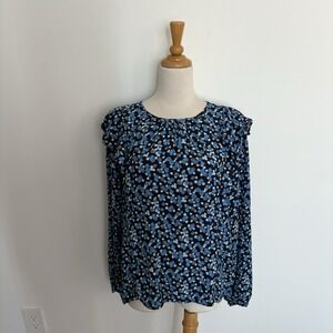 Gap Womens Top Blouse Large Black Blue Floral Long Sleeve Ruffle Shoulder Boho